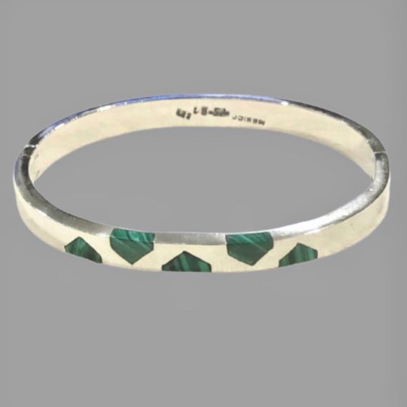 Vintage TAXCO Malachite Sterling Silver Hinged Bangle - Picture 3 of 13